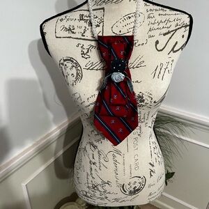 Red and Blue Striped Necktie Necklace Denim Roseswith Silver Accents